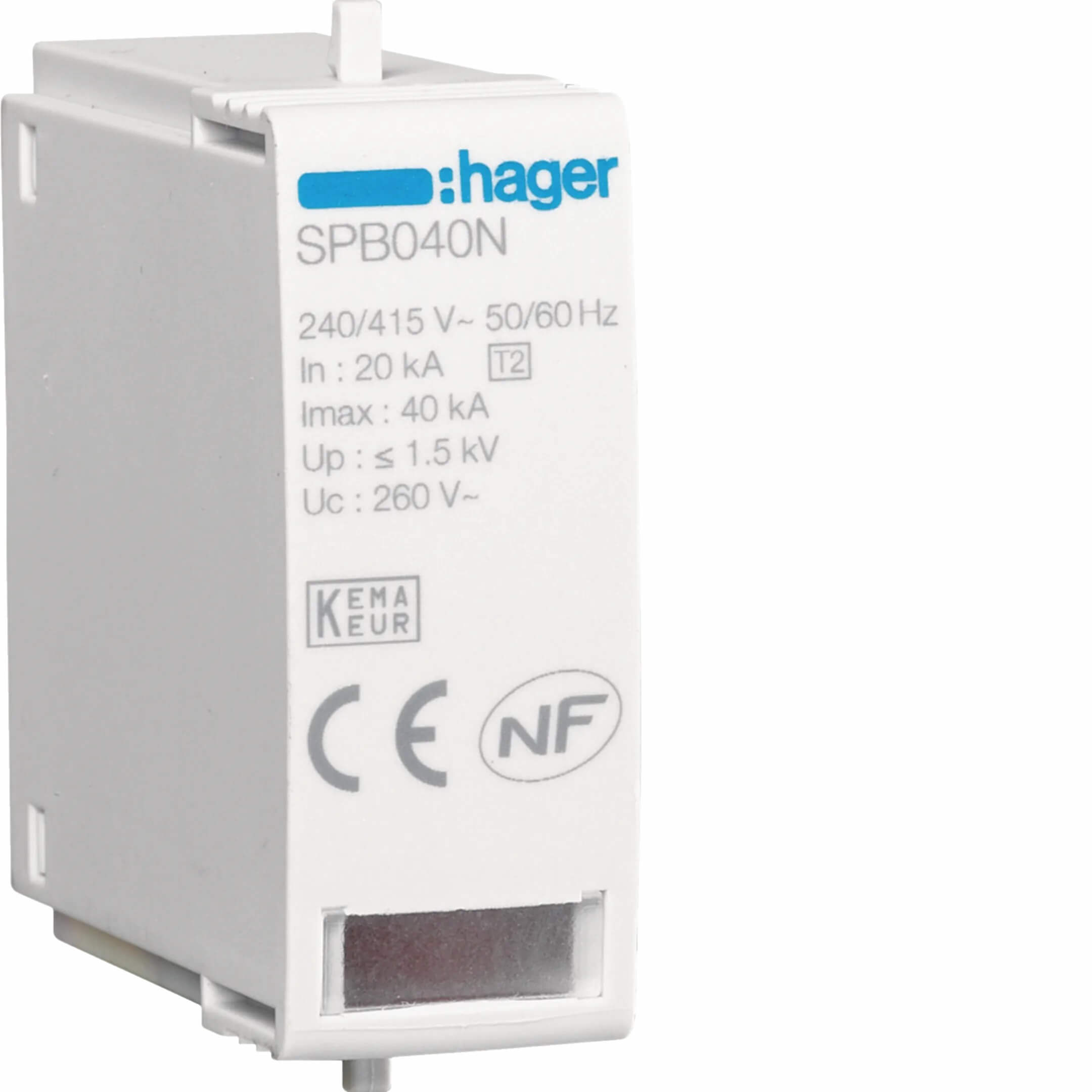 HAGER SPB040N CARTUCHO REEMPLAZO N-PE; UC 260V; IN 20KA, IMAX 40KA; UP 1.5KV